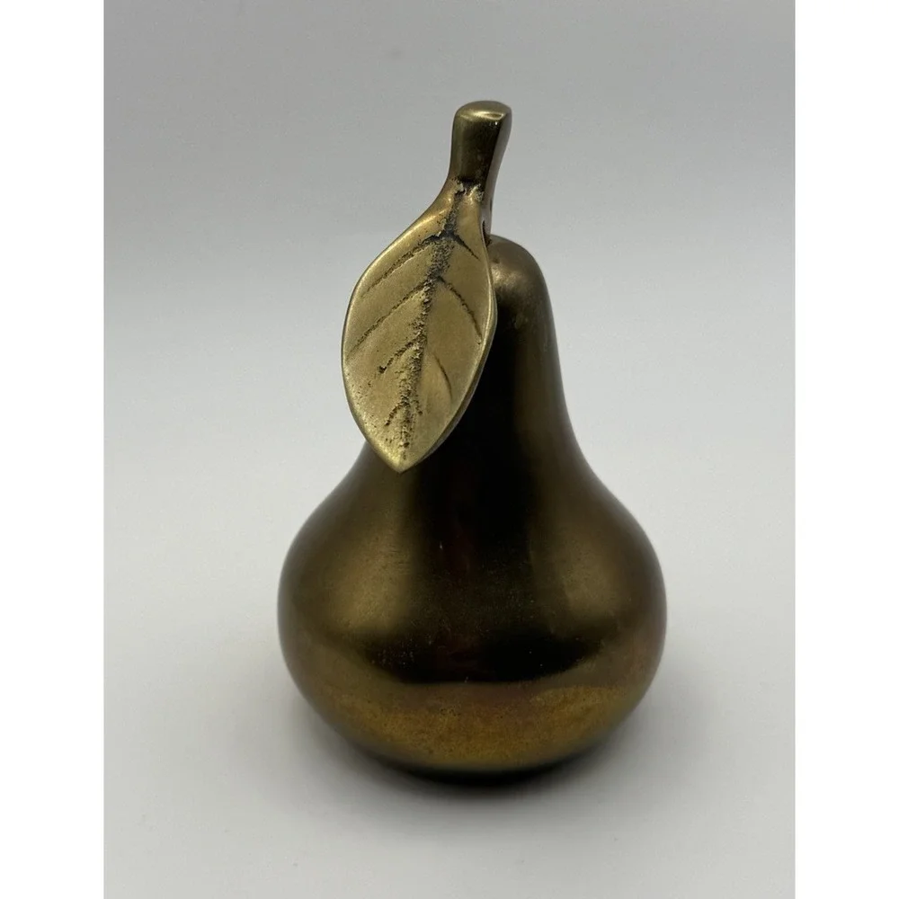 Vintage Solid Brass Pear Figurine Bell Paperweight Leaf & Stem Made Korea MCM